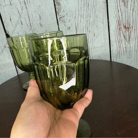 Vintage Libbey Gibraltar Duratuff USA 7” Olive Green Tea/Water Goblets, Set of 3 - Picture 2 of 5